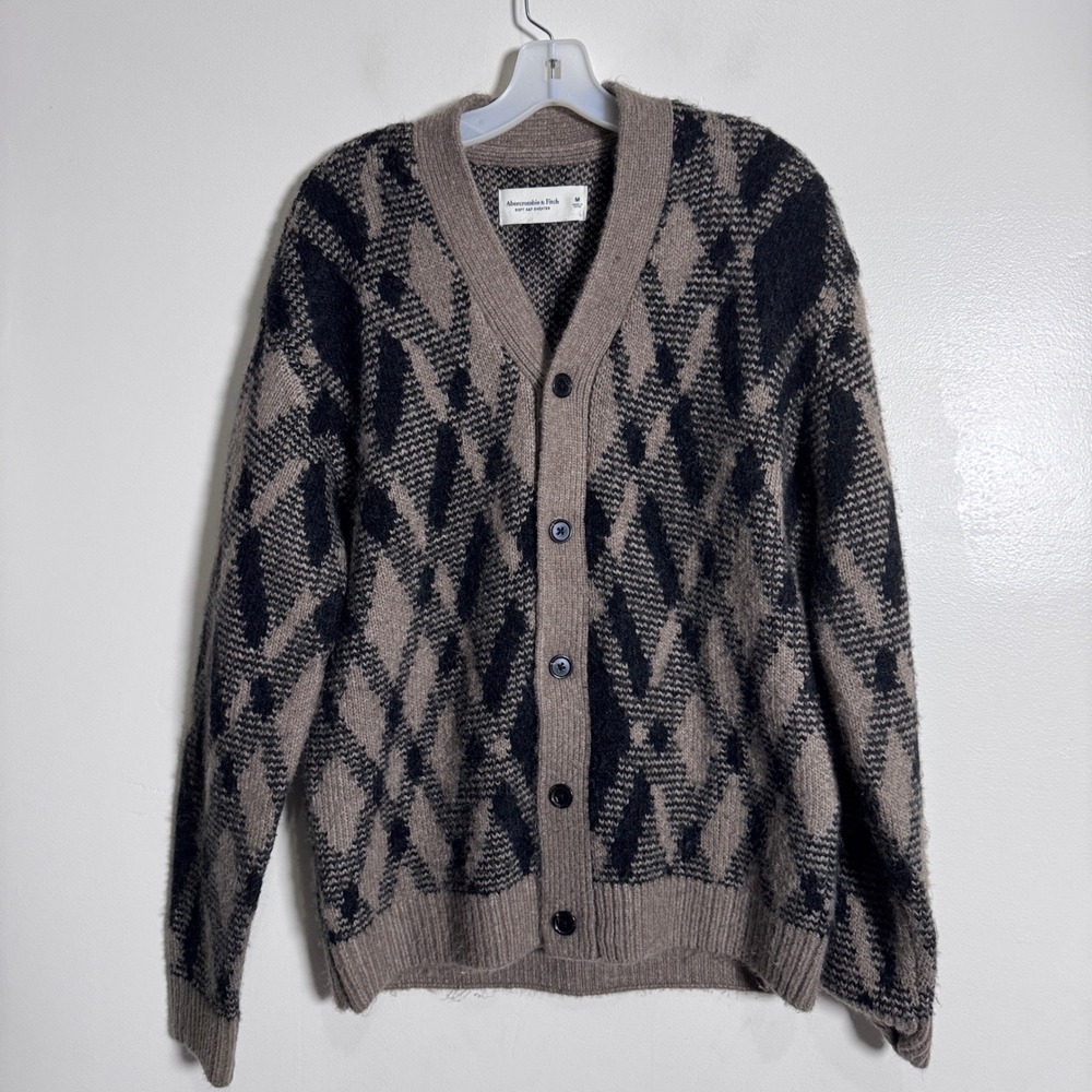 Abercrombie Fitch Men's Cardigan Sweater Medium Argyle‎ Pattern Brown Black Knit